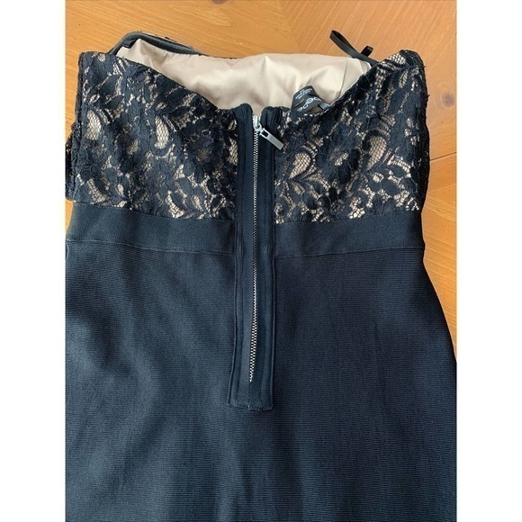 Bebe Strapless Lace Bandage‎ Dress Sz M Rocker Goth Mini MIDI Formal Cocktail - Picture 5 of 9